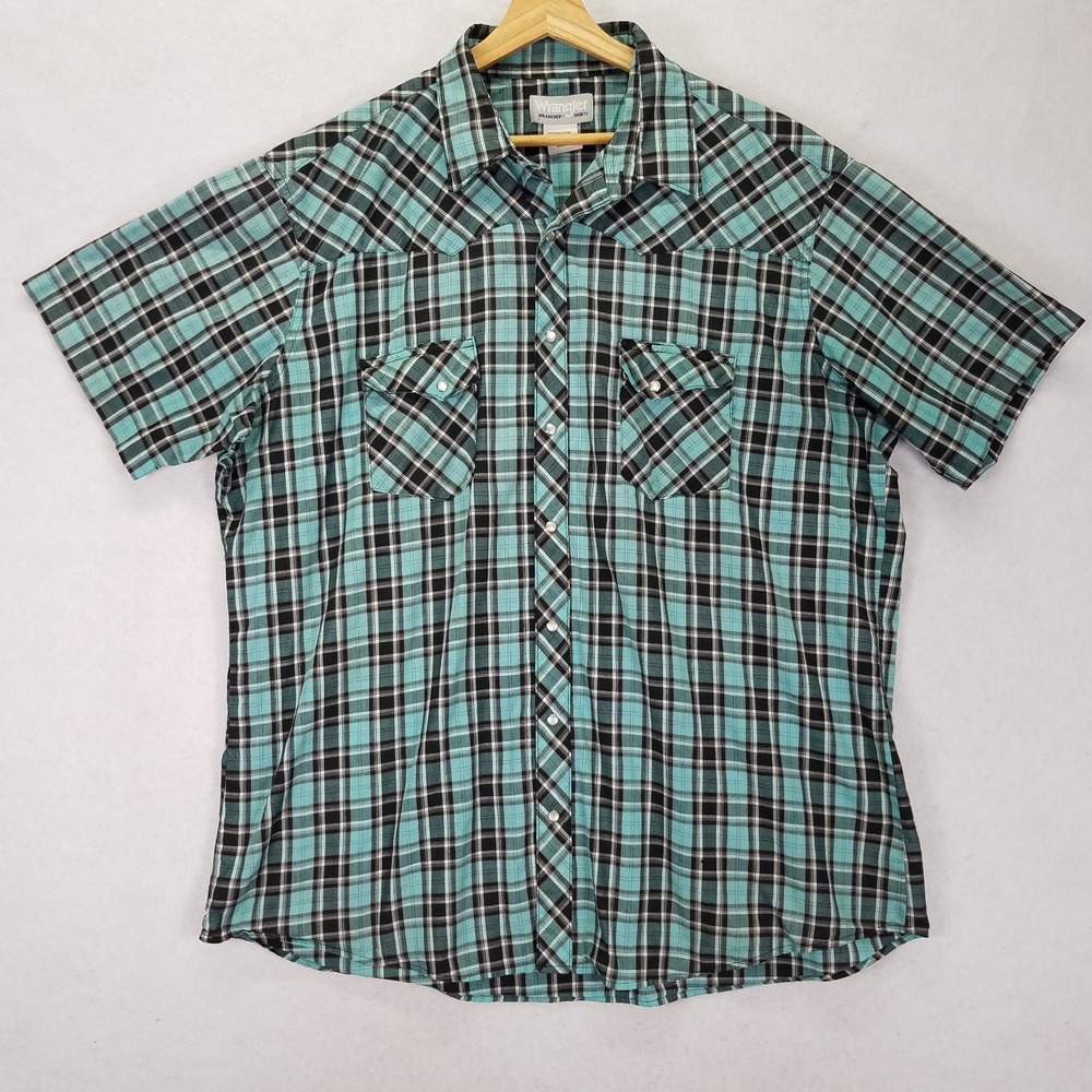 Wrangler Wrancher Western Pearl Snap Men 2XLT Green Cotton WTMH53471 Plaid Rodeo